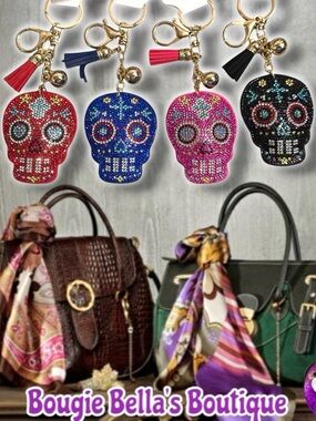 Embellished Crystal Sugar Skull Keychain Bag Charm - Black, Pink, Blue, Red